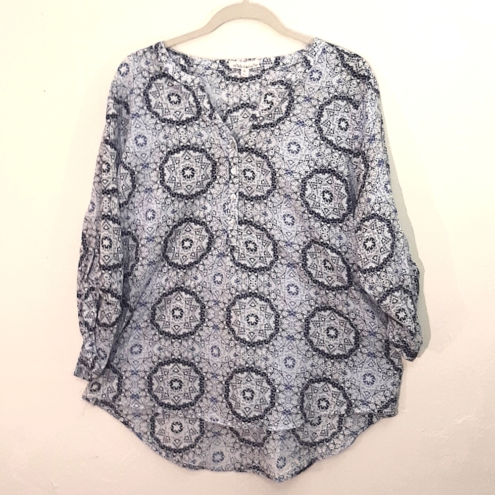 Hester & Orchard Women's Roll Tab Sleeve Tunic XL Navy/White Pattern 100% Cotton